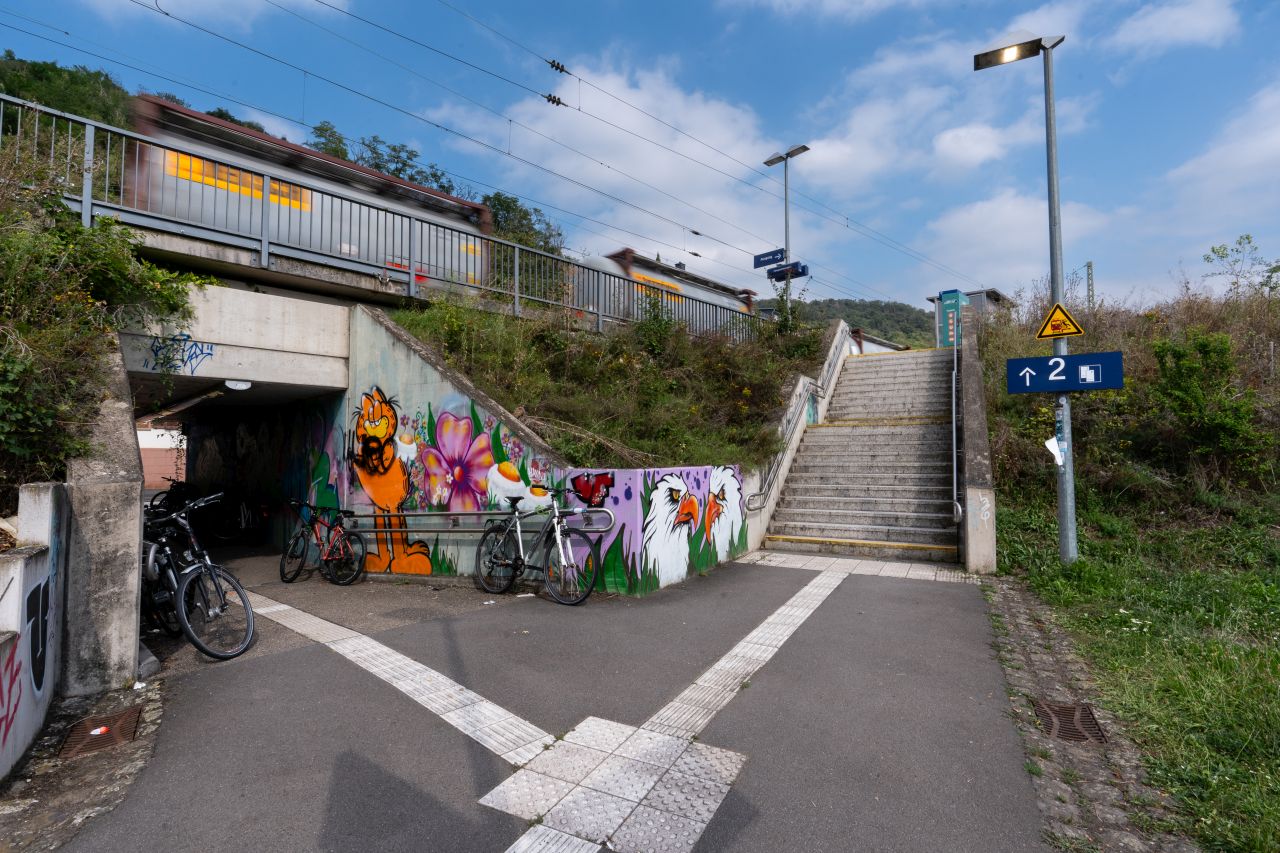 Bunt gestaltete Fußgängerunterführung unterhalb einer Brücke, auf der ein Güterzug fährt. Treppen führen zum Bahnsteig.