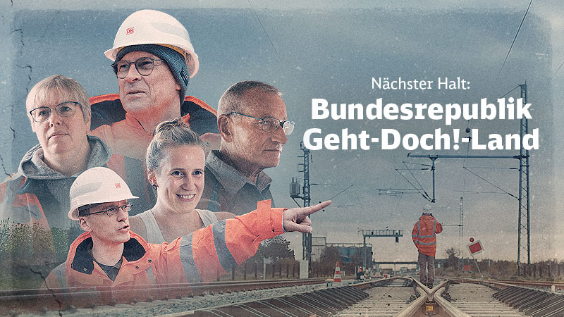 Gruppe von Bauarbeiter:innen in Warnkleidung und Helmen steht auf einem sanierten Gleisabschnitt der Riedbahn. Im Hintergrund sind Oberleitungen und weitere Gleisinfrastruktur sichtbar.